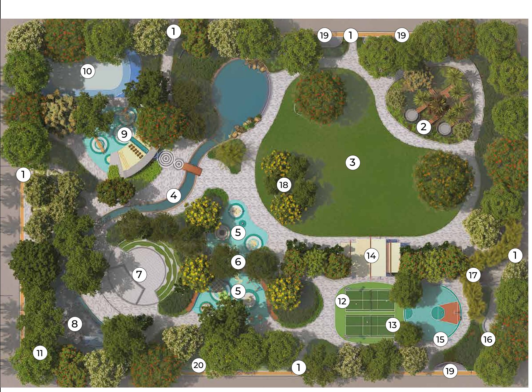 Official central park plan of Vinayak 21 Acres with cabanas, grand lawn, courts and gardens