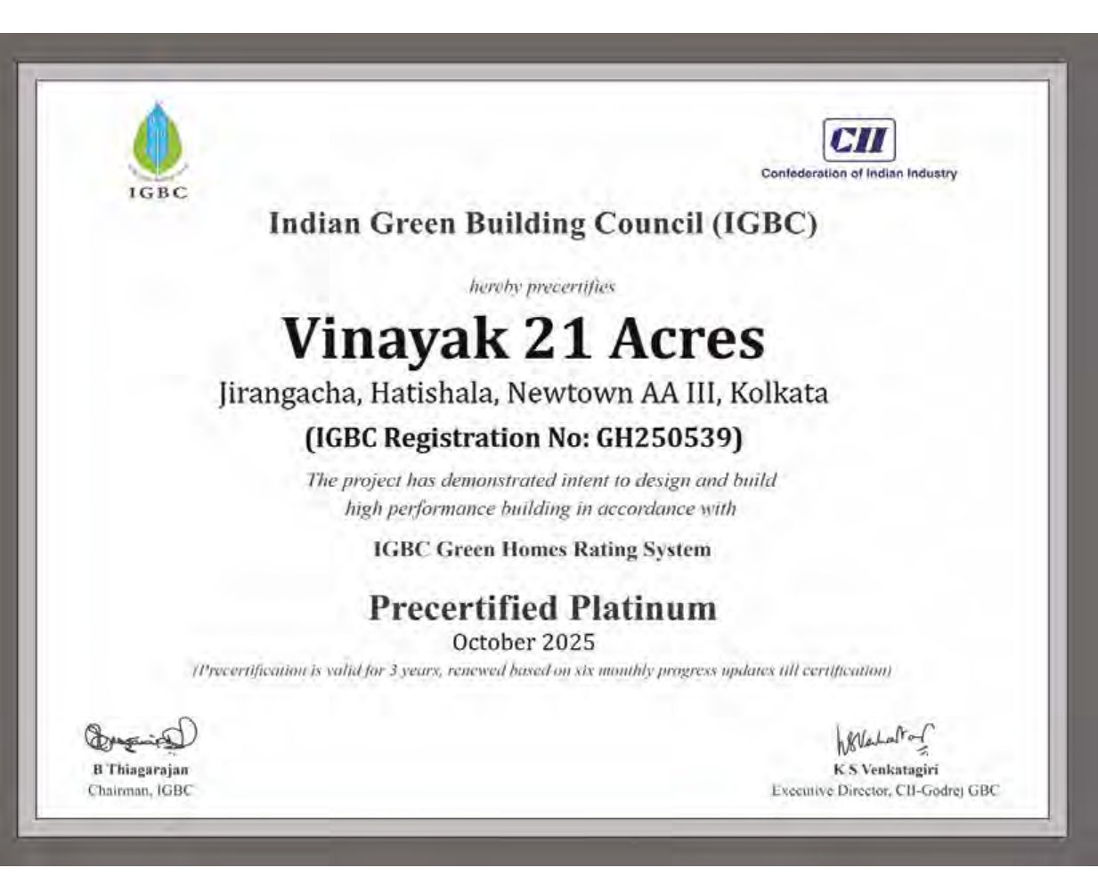 IGBC Precertified Platinum certificate for Vinayak 21 Acres, Registration No. GH250539